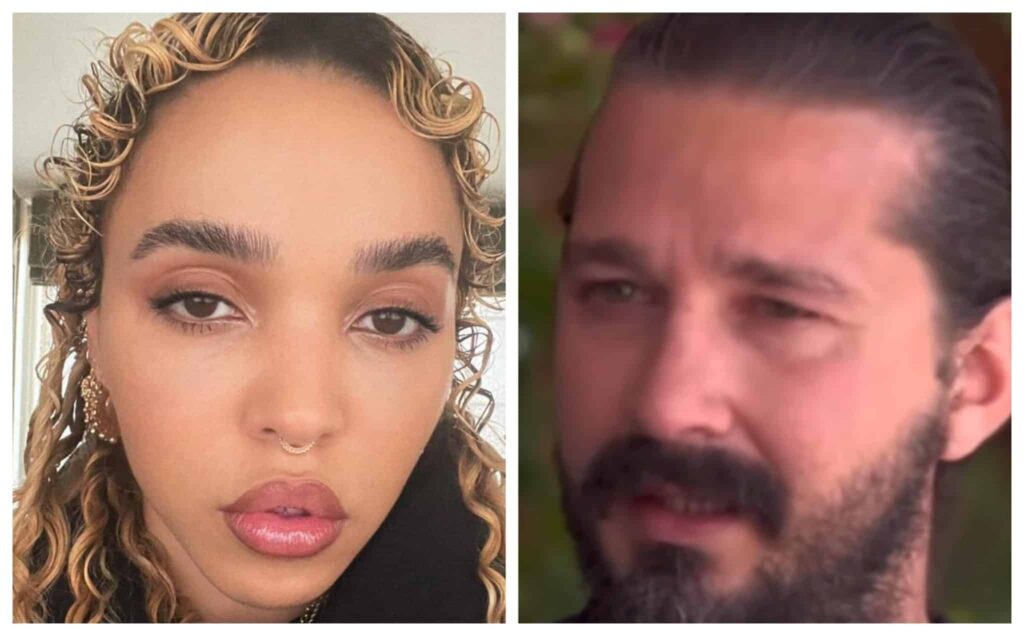 fka-twigs-shia-shia-labeou-tgj-scaled Side-by-side close-up image of FKA Twigs and Shia LaBeouf. FKA Twigs is seen with golden curly hair, soft makeup, and a nose ring, gazing directly at the camera. Shia LaBeouf appears with a slicked-back hairstyle and a full beard, looking off to the side with a serious expression.