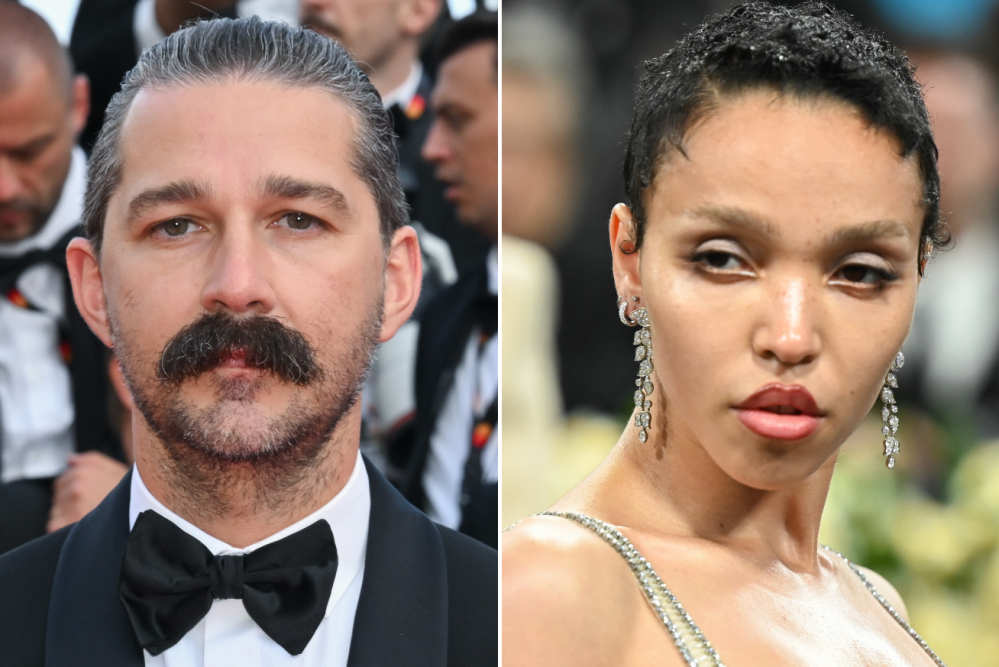 Side-by-side image of Shia LaBeouf and FKA Twigs at separate red carpet events. Shia LaBeouf is wearing a tuxedo with a thick mustache and slicked-back hair, looking directly at the camera. FKA Twigs is wearing drop earrings and a shimmering gown, glancing sideways with a serious expression.