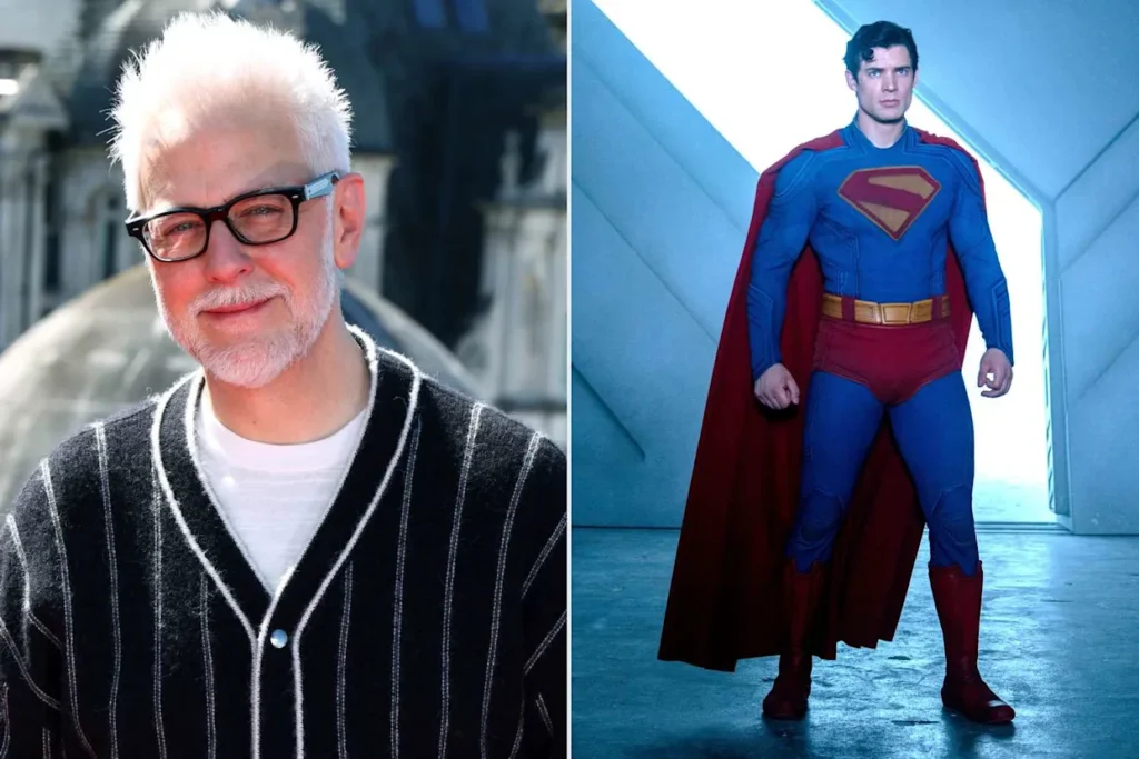 Photo collage showing James Gunn, the director of the new Superman movie, on the left, smiling with white hair and beard, wearing glasses and a black cardigan with white stripes; on the right, actor David Corenswet dressed as Superman in his blue and red costume with a cape, standing in a futuristic, metallic setting.