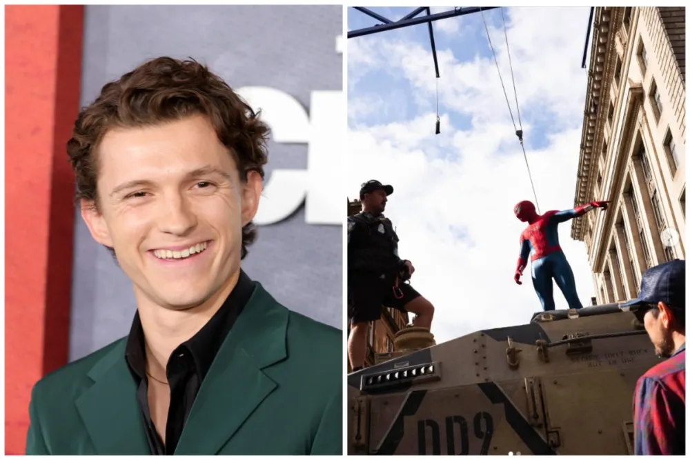 Side-by-side images of Tom Holland smiling warmly at an event and Spider-Man on set standing atop a vehicle with filming crew around.